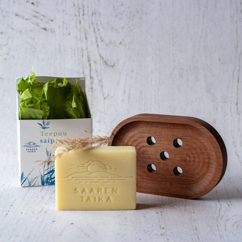 Teatree-saippua ja saippuateline Nova-puusta, reunat 130x85mm